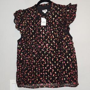 NWT J. Crew Ruffleneck flutter-sleeve top Gold Foil Black Pink Floral Size M